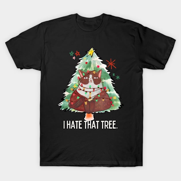 I Hate That Tree Funny Cats Christmas Tree T-Shirt by UniqueBoutique